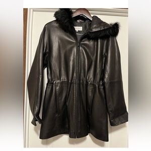 Calvin Klein Black 100% Sheepskin Fur Trim Genuine Leather Jacket - Size Small